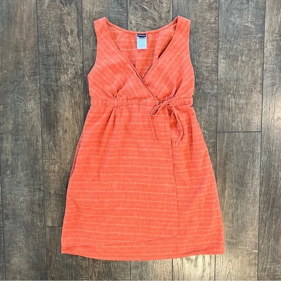 patagonia island hemp crossover dress in peachy orange stripe - Picture 3 of 7